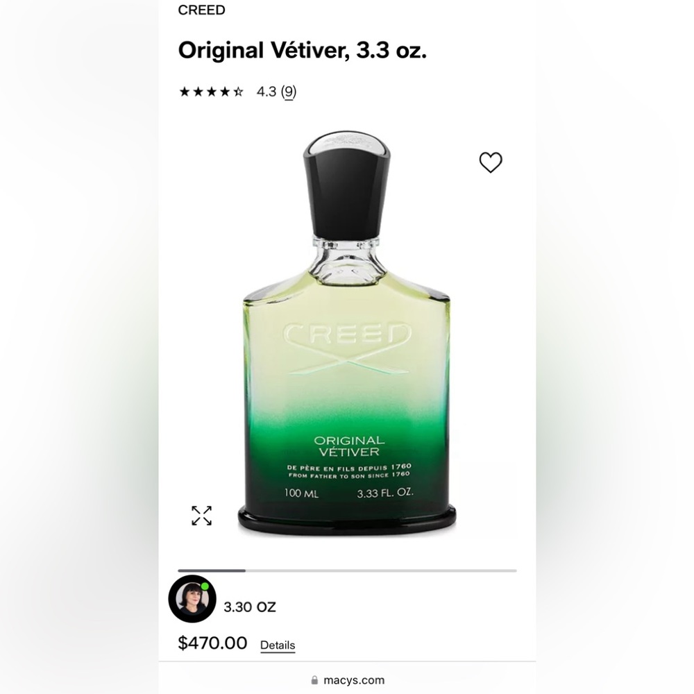 CREED ORIGINAL VETIVER 3.33 OZ EAU DE PARFUM SPRAY (BRAND NEW WITHOUT BOX)